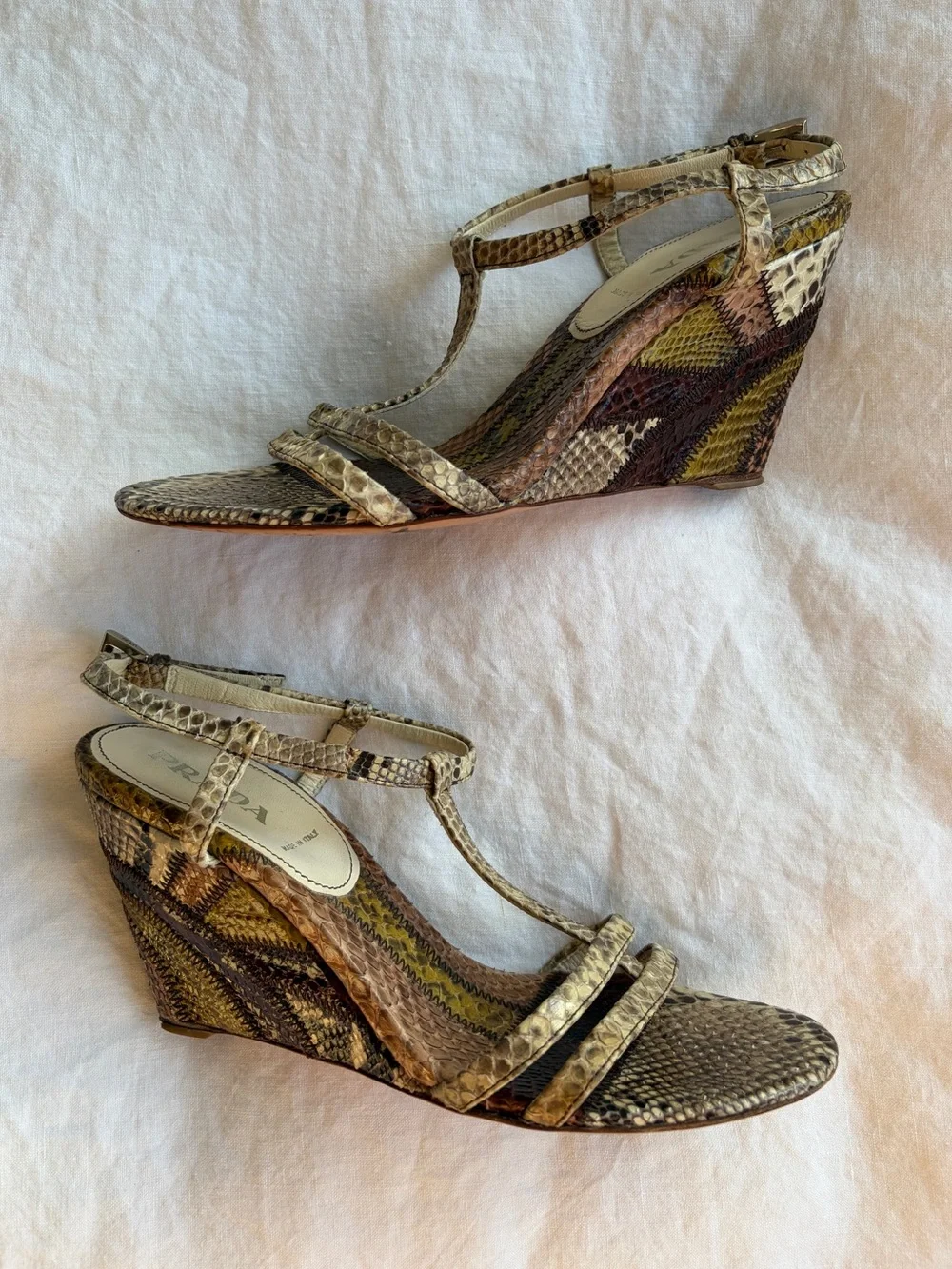 Vintage Prada Snake Python Animal Leather T Strap Wedges Heels Brown Tan Green